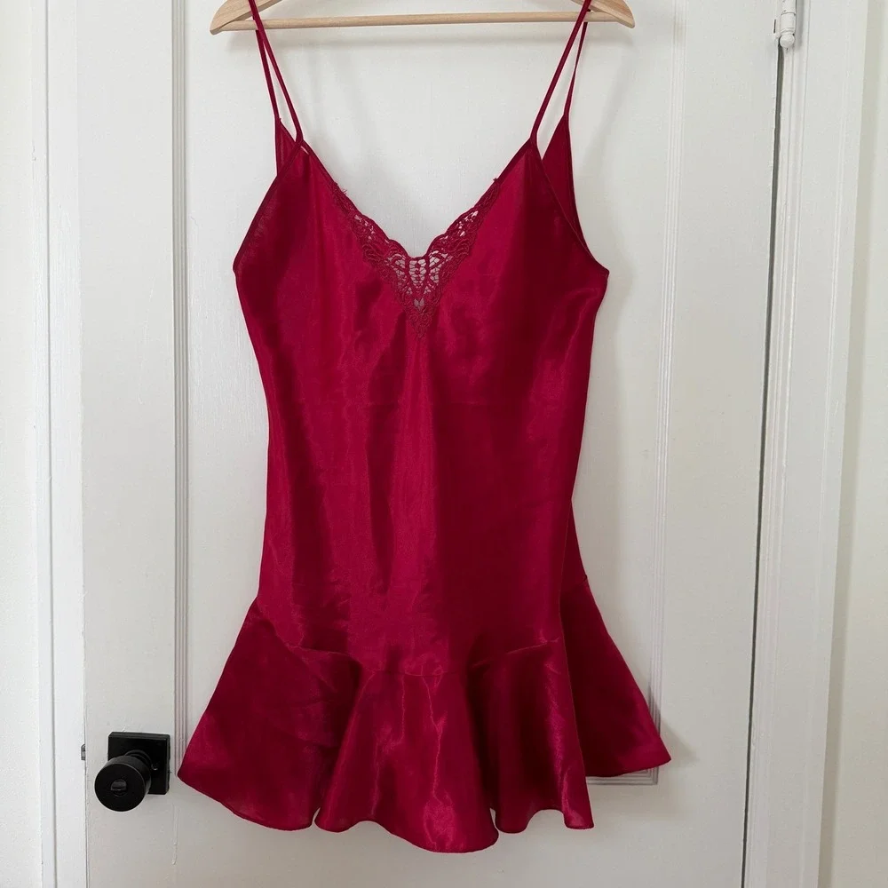 Vntg Intimate Affair Red Satin Lace Trim Nightgown‎ Slip Dress L: Boho, 90's